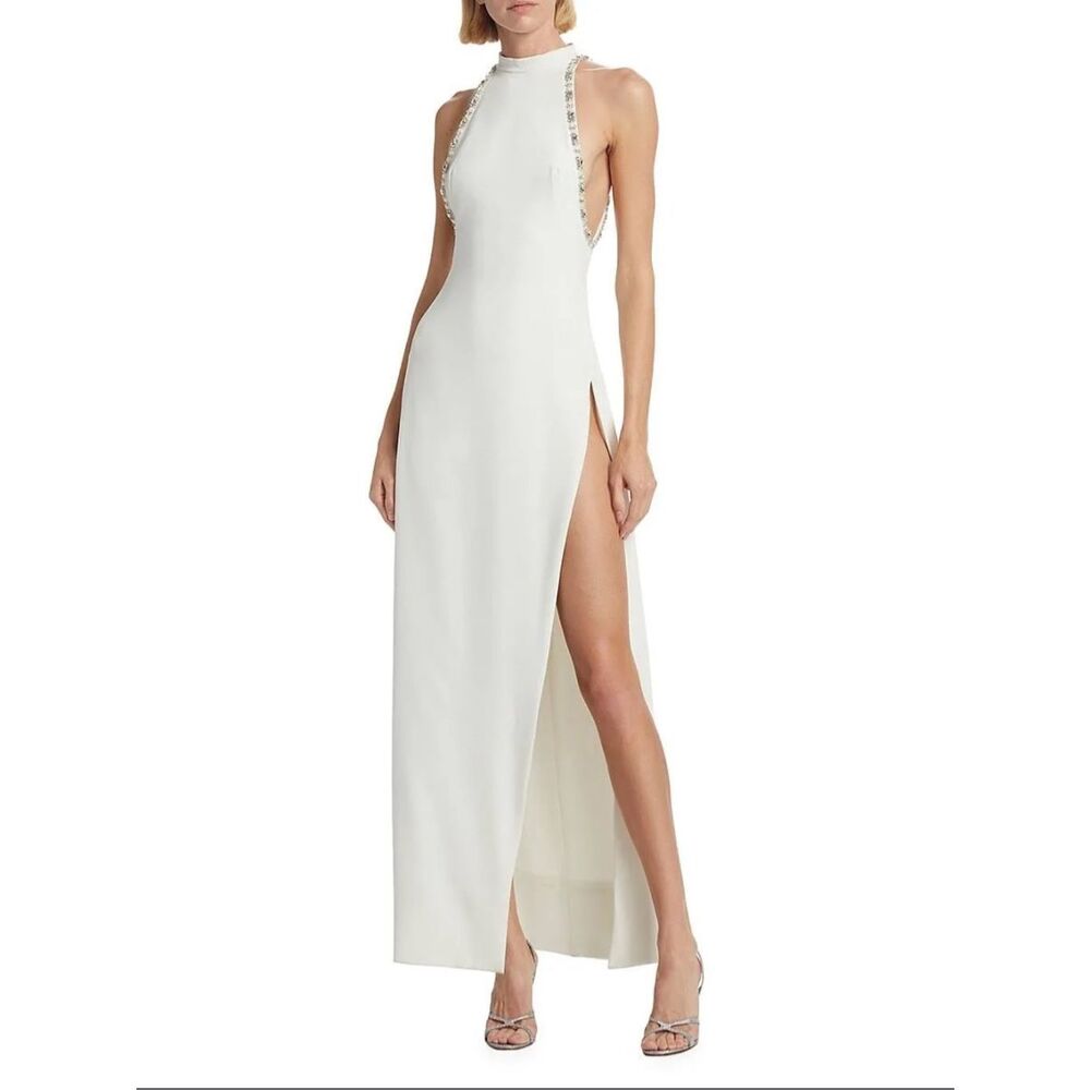 Reem Acra Beaded-Trim Crepe Halter Gown in White Size US2 $1495